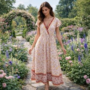 Bebop 100% Rayon Floral Boho Maxi Dress V-Neck Empire